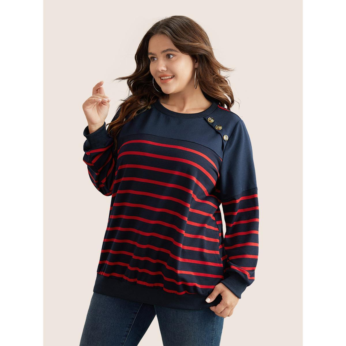 Plus Size Striped Patchwork Button Detail Sweatshirt Women Midnight Casual Non Round Neck Everyday Sweatshirts BloomChic 18-20/2X Product Image
