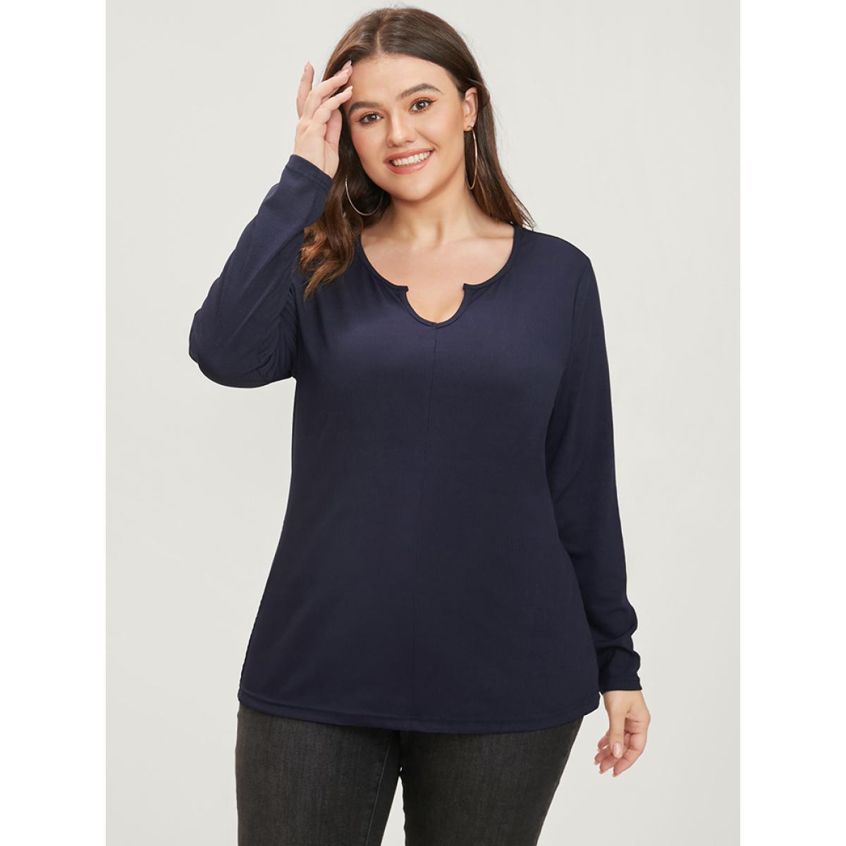 Plus Size Solid Notched Rib Knit Long Tee Midnight Women Elegant Plain V-neck Dailywear T-shirts BloomChic 10/M Product Image