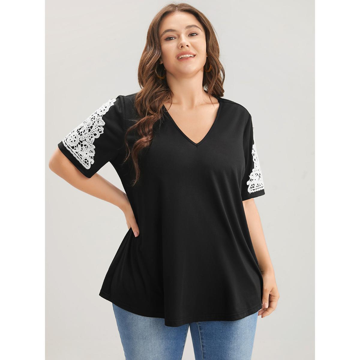Plus Size Plain Contrast Lace V Neck T-shirt Black Women Elegant Lace Plain V-neck Dailywear T-shirts BloomChic 14-16/1X Product Image