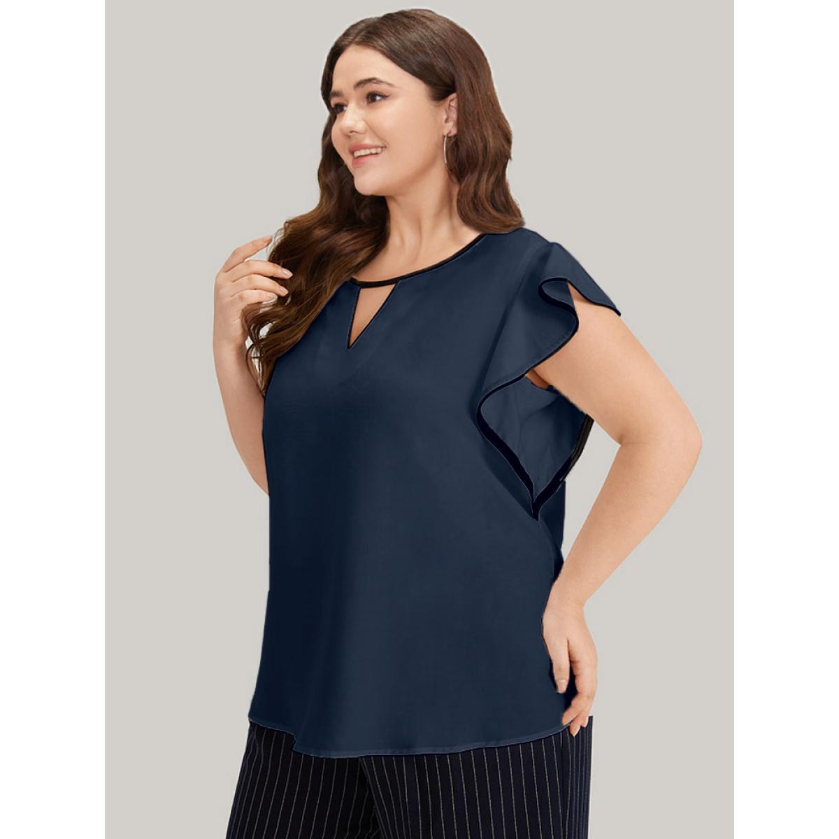 Plus Size Indigo Contrast Keyhole Ruffle Trim Cap Sleeve Blouse Women Office Cap Sleeve Keyhole Cut-Out Work Blouses BloomChic 22-24/3X Product Image