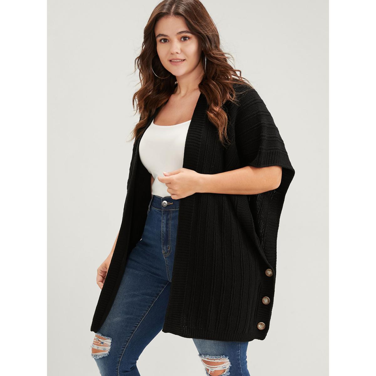 Plus Size Solid Pointelle Knit Button Hem Dolman Sleeve Open Front Cardigan Black Women Elegant Oversized Sleeveless Dailywear Cardigans BloomChic 28/5X Product Image