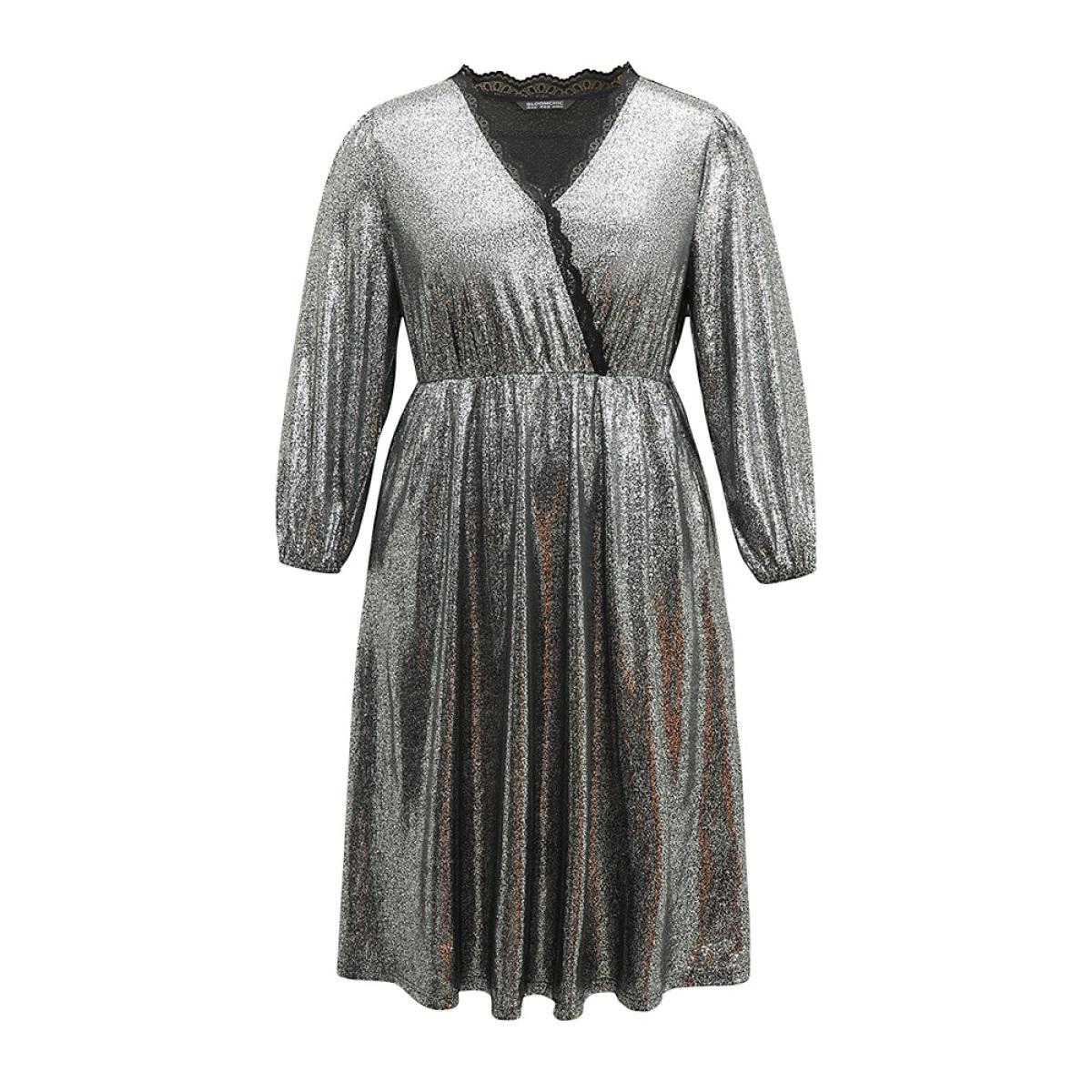Plus Size Glitter Contrast Lace Wrap Elastic Waist Dress Black Women Party Elastic cuffs Overlap Collar Long Sleeve Curvy Midi Dress BloomChic 12/L Product Image