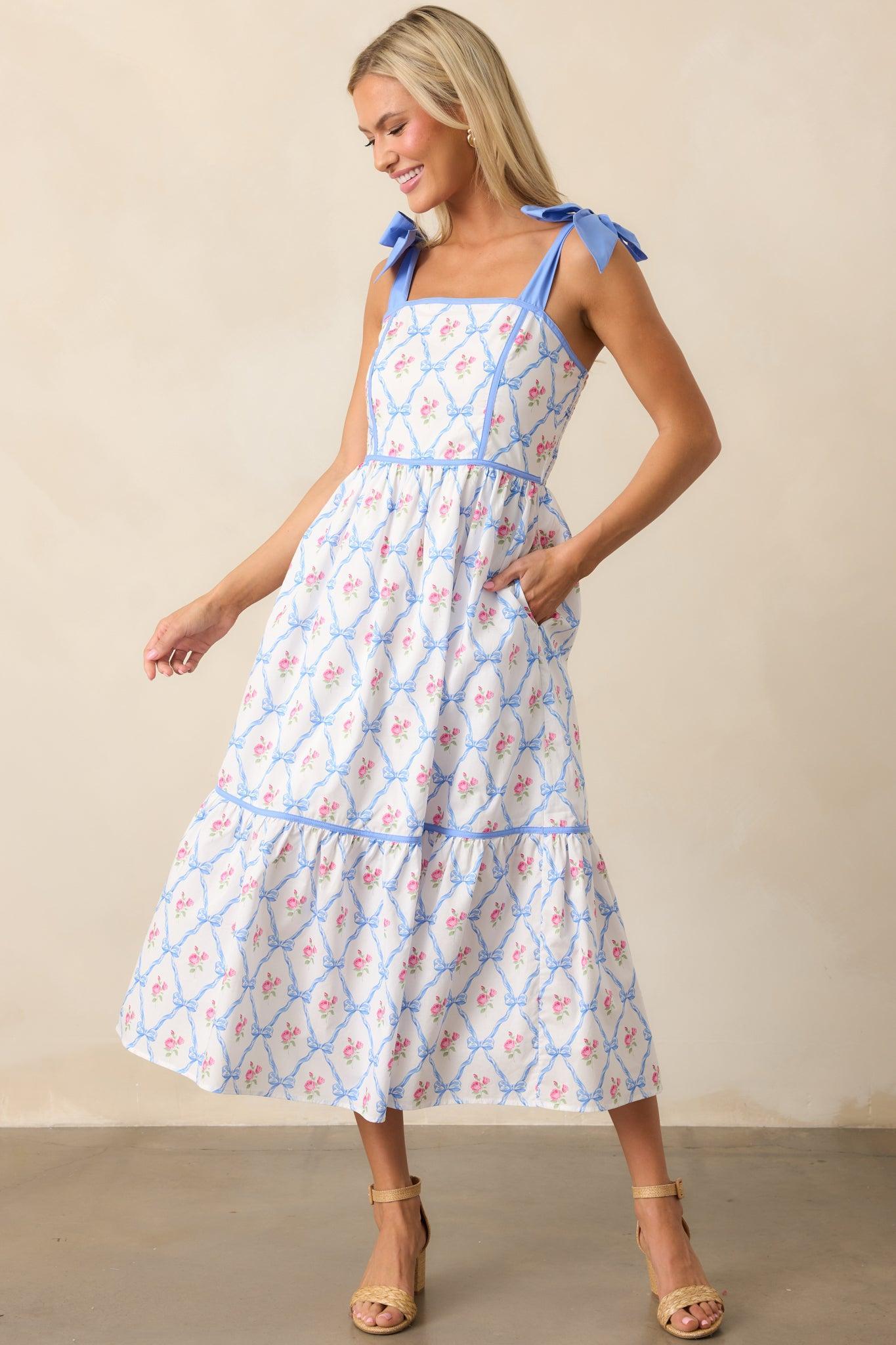 Ballet Recital Cotton Blue Bow Midi Dress Product Image