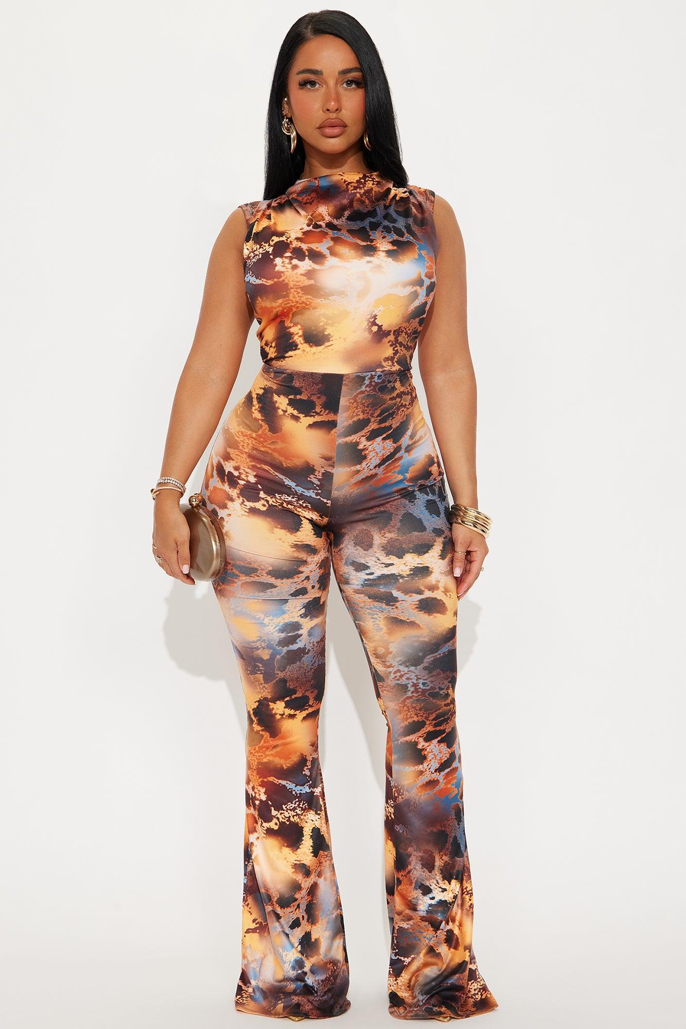 Juniper Leopard Flare Leg Jumpsuit - Orange/combo Product Image