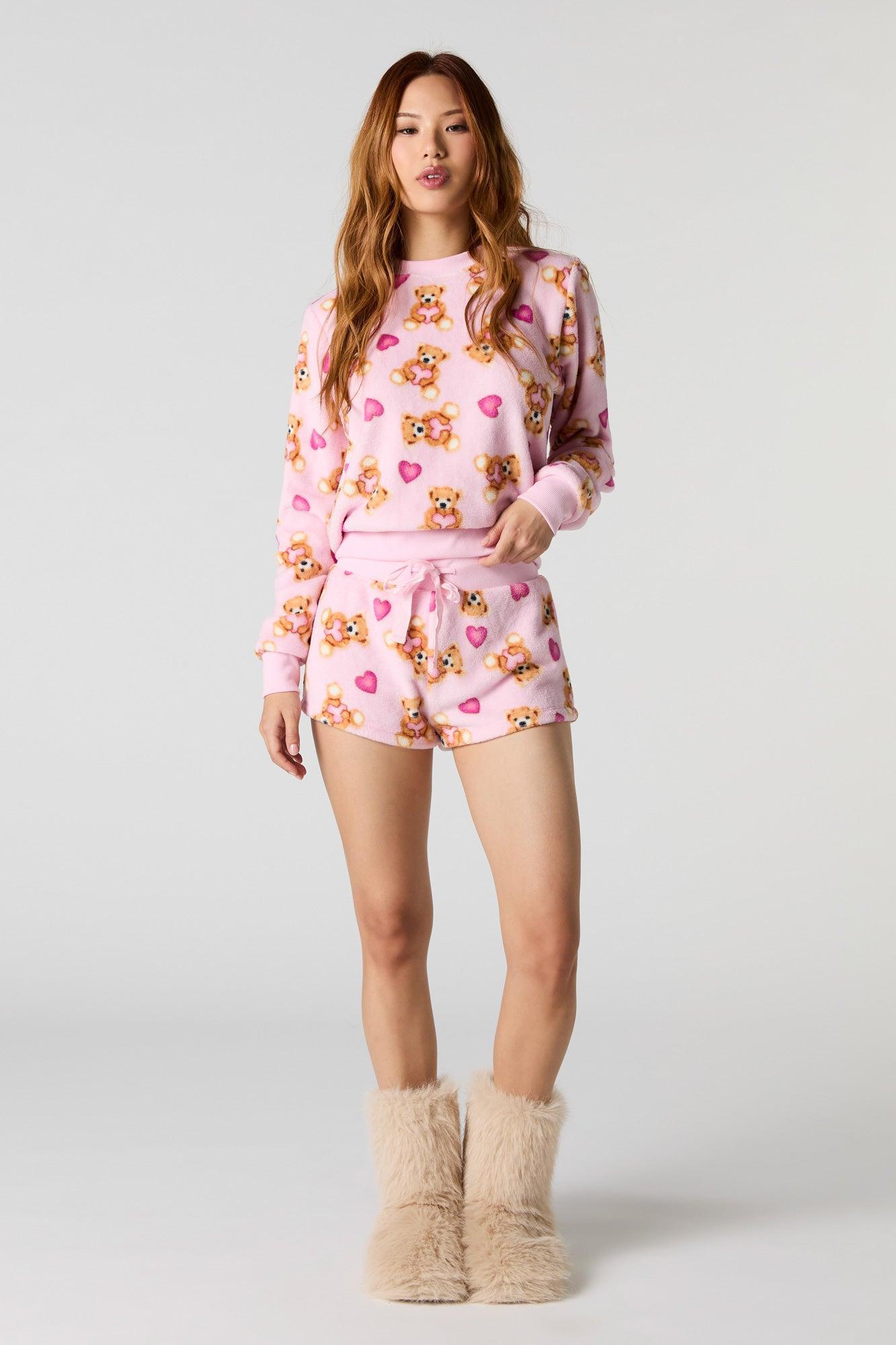 Printed Plush Long Sleeve & Short 2 Piece Pajama Set Female Product Image