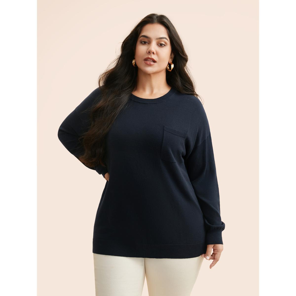 Plus Size Supersoft Chest Pocket Wool Top Indigo Women Casual Loose Long Sleeve Round Neck Everyday Pullovers BloomChic 30/6X Product Image
