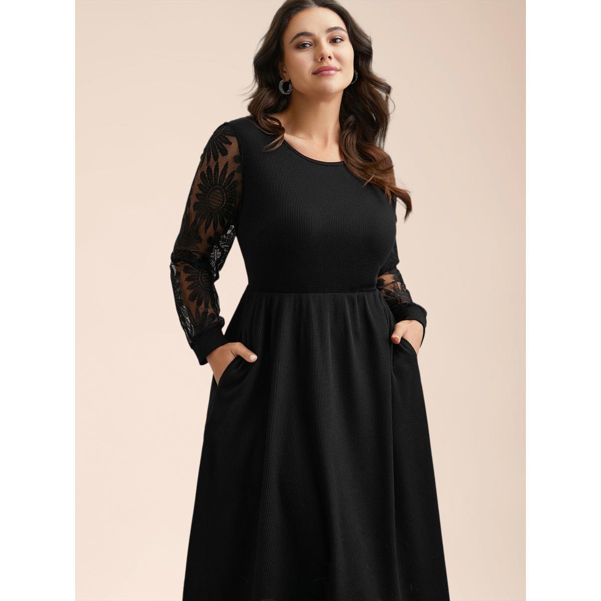 Plus Size Sheer Textured Sleeve Waist Cinched Midi Dress Black Women Elegant Texture Knit Dresses Bloomchic 10/M Product Image