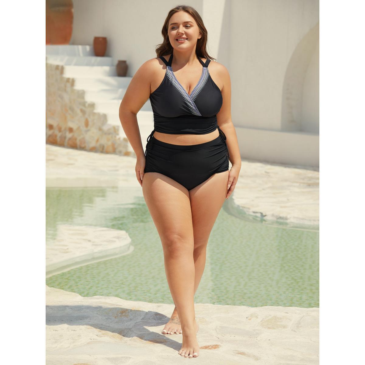 Plus Size Boho Print Adjustable Drawstrings Swim Tankini Women's Swimwear Black Beach Tie knot High stretch Skinny Overlap Collar Curve Swim Tops BloomChic 14-16/1X Product Image