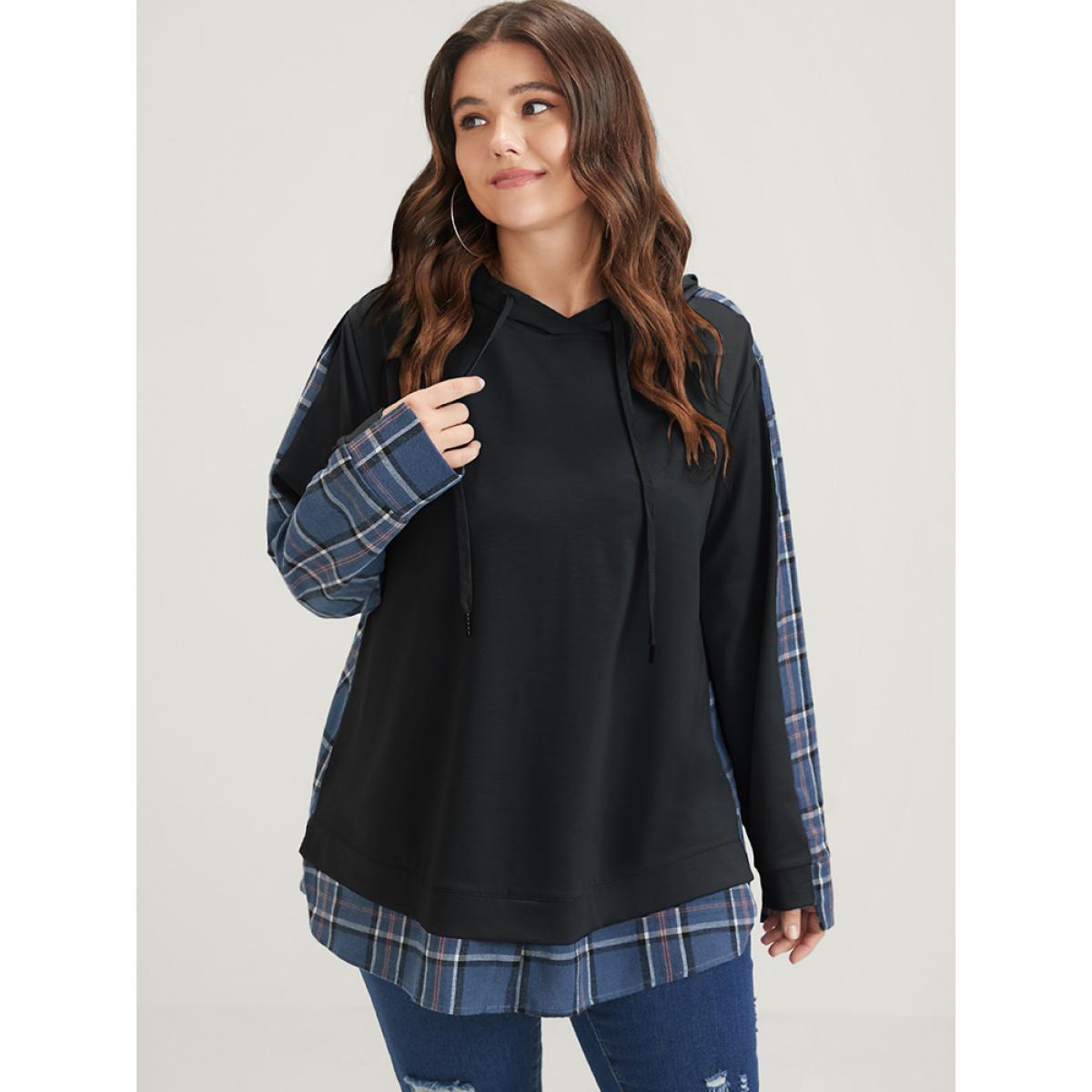 Plus Size Plaid Contrast Asymmetrical Drawstring Hooded Sweatshirt Women Black Casual Contrast Loose Hooded Dailywear Sweatshirts BloomChic 14-16/1X Product Image