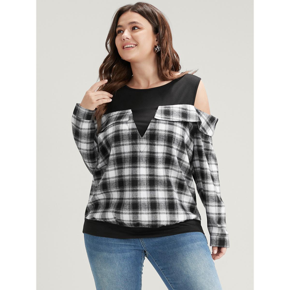 Plus Size Plaid Patchwork Cold Shoulder Sweatshirt Women Black Elegant Patchwork Cold Shoulder Dailywear Sweatshirts BloomChic 28/5X Product Image