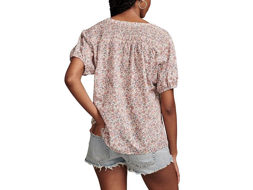 Lucky Brand Printed Smocked Shoulder Blouse Multi) Women's Clothing Product Image