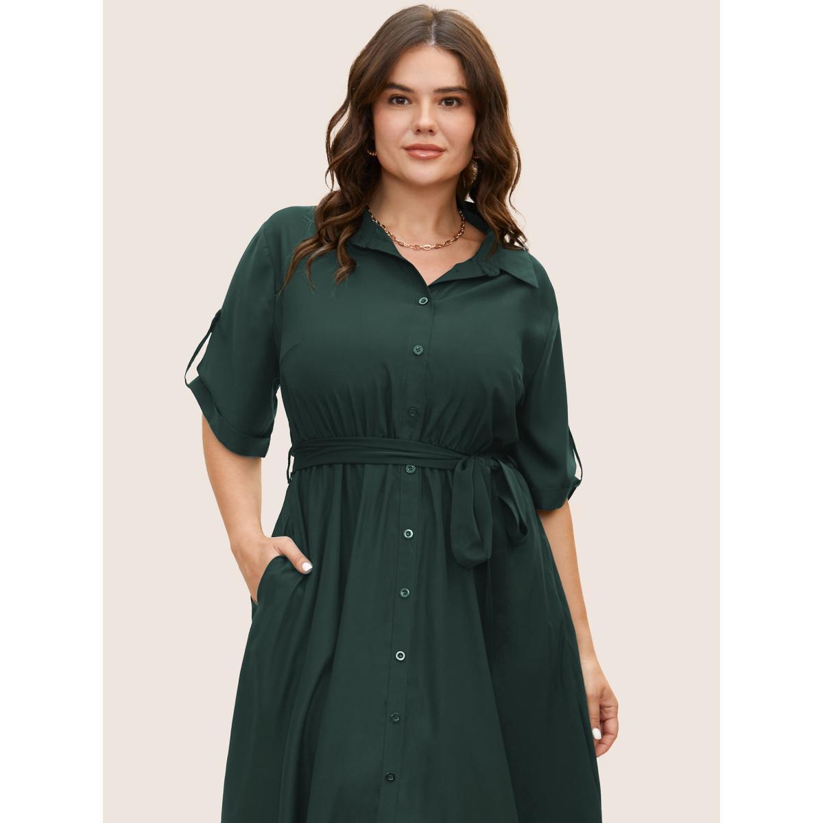 Plus Size Shirt Collar Tab Sleeve Split Hem Dress Cyan Women At the Office Belted Shirt collar Half Sleeve Curvy BloomChic 30/6X Product Image