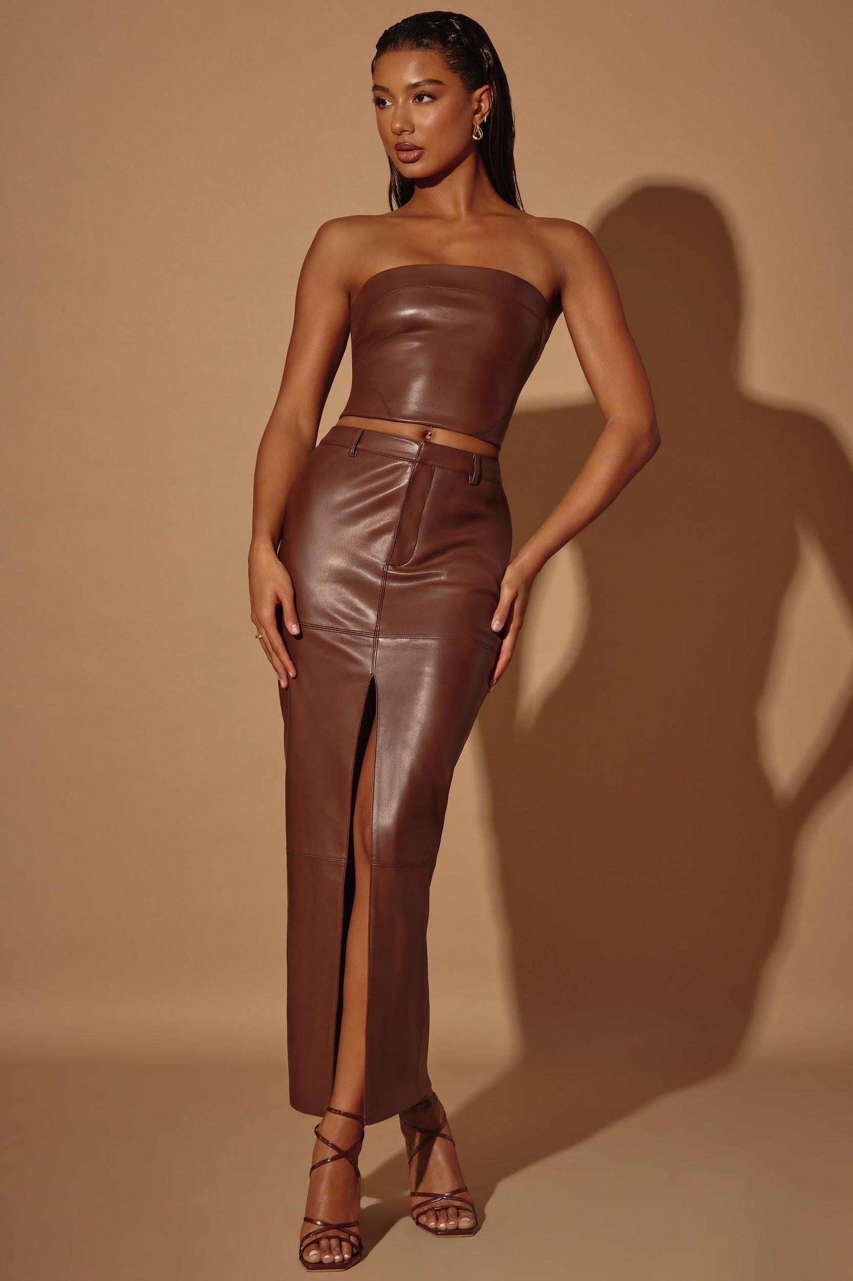 Mid-Rise Vegan Leather Maxi Skirt in Brown Product Image