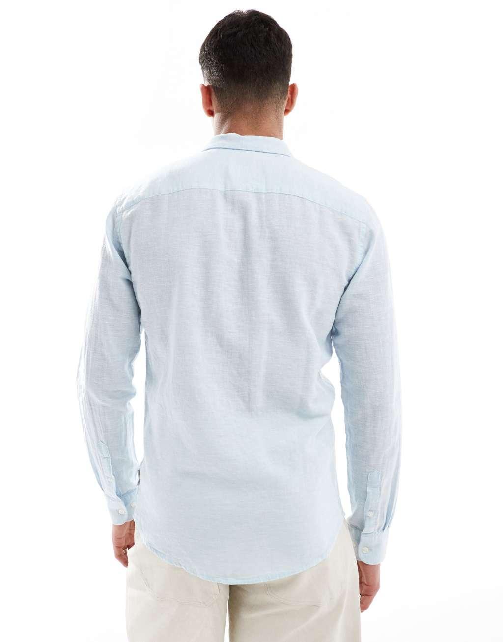 ONLY & SONS long sleeve linen mix shirt in light blue Product Image