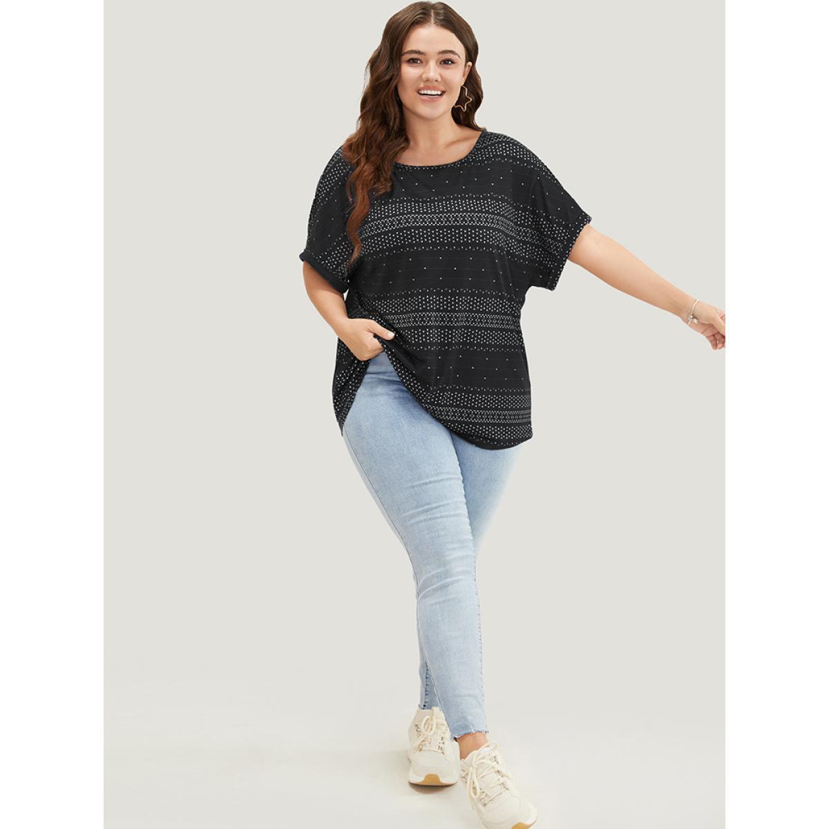 Plus Size Geometric Print Backless Roll Dolman Sleeve T-shirt Black Women Casual Cut-Out Geometric Round Neck Dailywear T-shirts BloomChic 14-16/1X Product Image