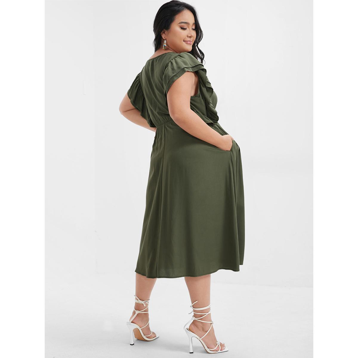 Plus Size Solid Ruffles Button Ties Pocket Midi Dress ArmyGreen Women Elegant Plain V-neck Cap Sleeve Curvy Knee Dress BloomChic 30/6X Product Image