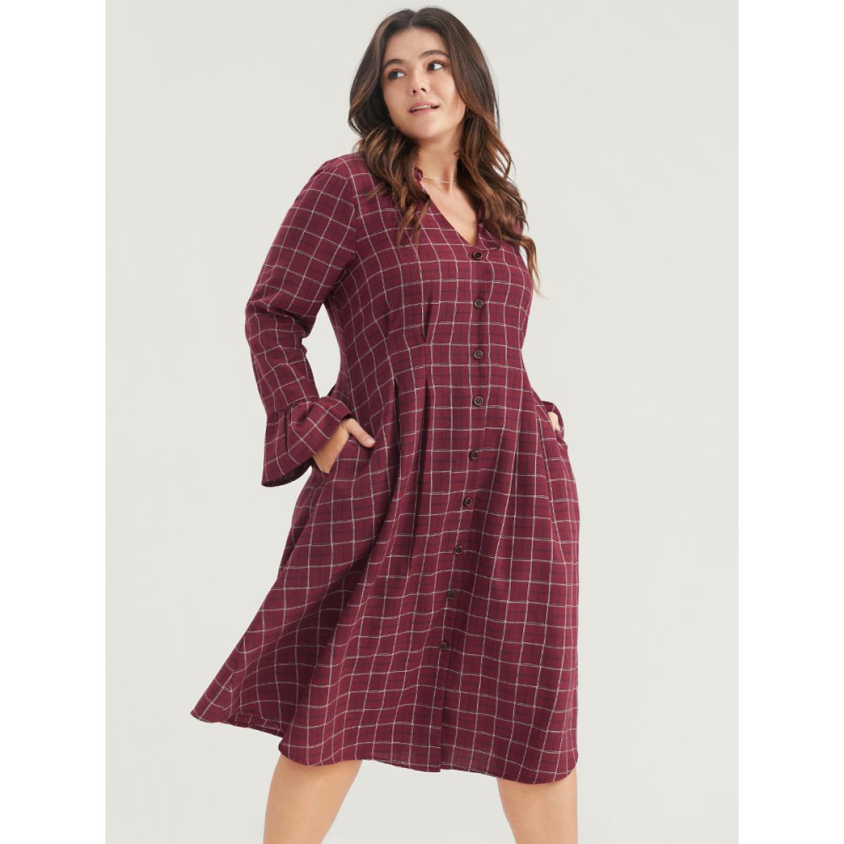 Plus Size Gingham Pocket Button Up Bell Sleeve V Neck Dress Without Belt Russet Women Office Button V-neck Long Sleeve Curvy Midi Dress BloomChic 10/M Product Image