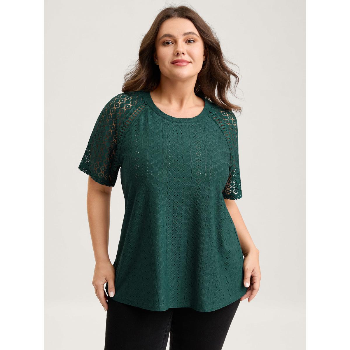 Plus Size Eyelet Trim Lace Cut-Out Solid T-Shirt Cyan Women Round Neck Everyday-Casual T-shirts BloomChic 12/L Product Image