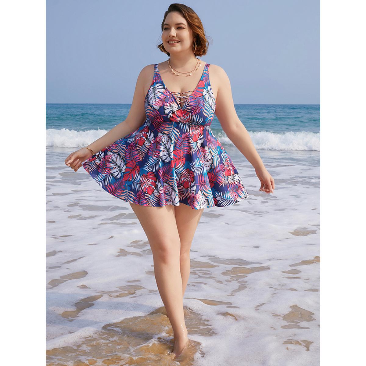 Plus Size Tropical Print Wrap Ruffles Crisscross Swim Dress Women's Swimwear Indigo Vacation Bodycon V-neck High stretch Curve Swim Dresses BloomChic 12/L Product Image