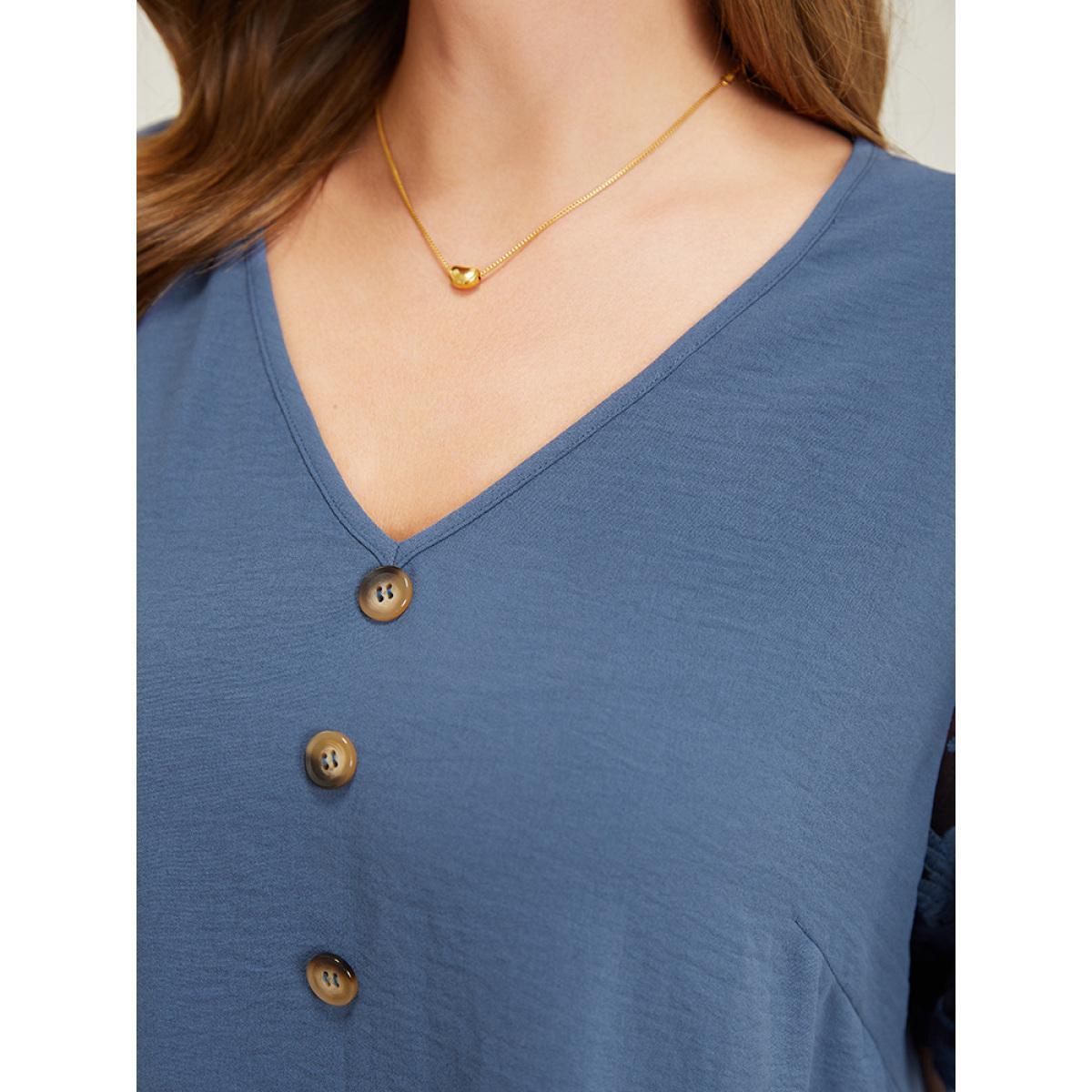 Plus Size Stone Plain Lace Mesh Sleeve Button Detail Blouse Women Elegant Short sleeve V-neck Dailywear Blouses BloomChic 22-24/3X Product Image