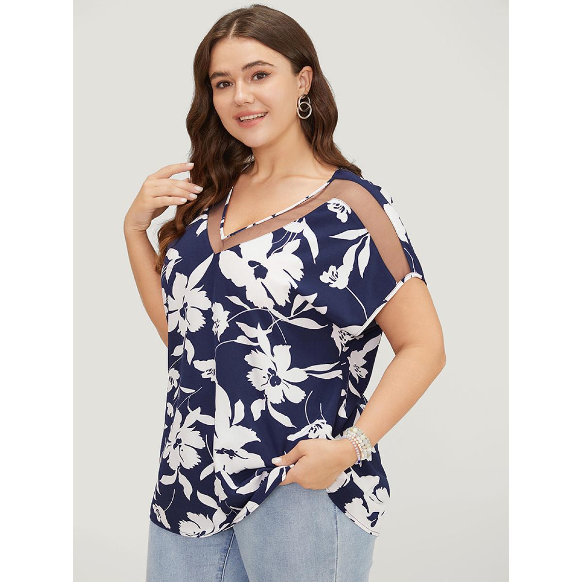 Plus Size DarkBlue Floral Mesh Insert Dolman Sleeve Blouse Women Elegant Short sleeve V-neck Dailywear Blouses BloomChic 18-20/2X Product Image