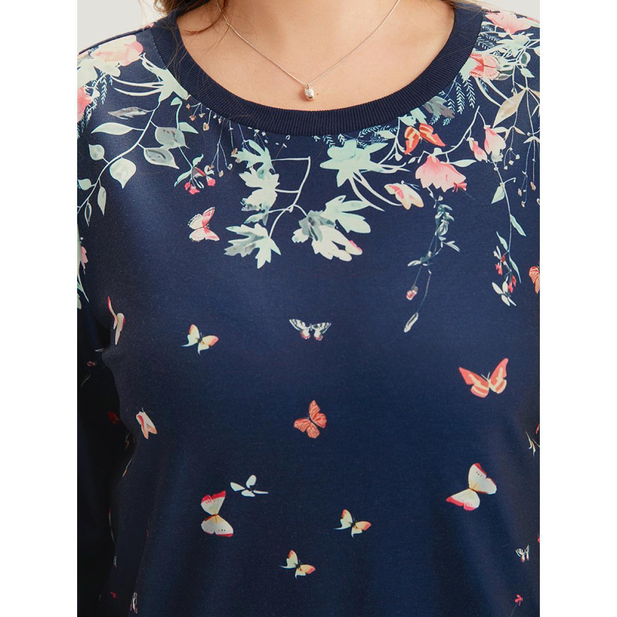 Plus Size Boho Print Elastic Cuffs Round Neck Sweatshirt Women Blue Elegant Elastic cuffs Round Neck Dailywear Sweatshirts BloomChic 10/M Product Image