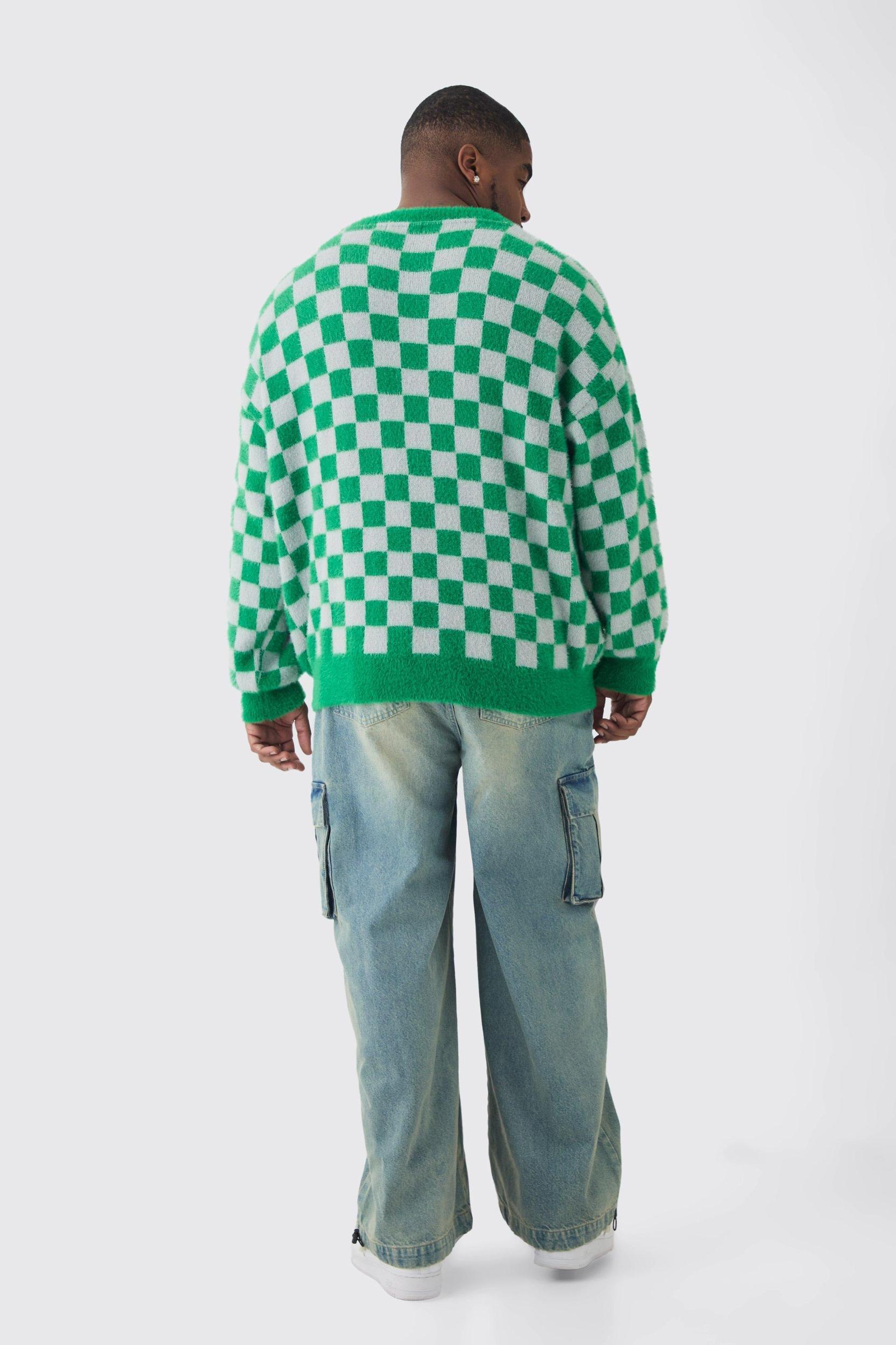 Plus Fluffy Knit Checkered Sweatshirt | boohooMAN USA Product Image