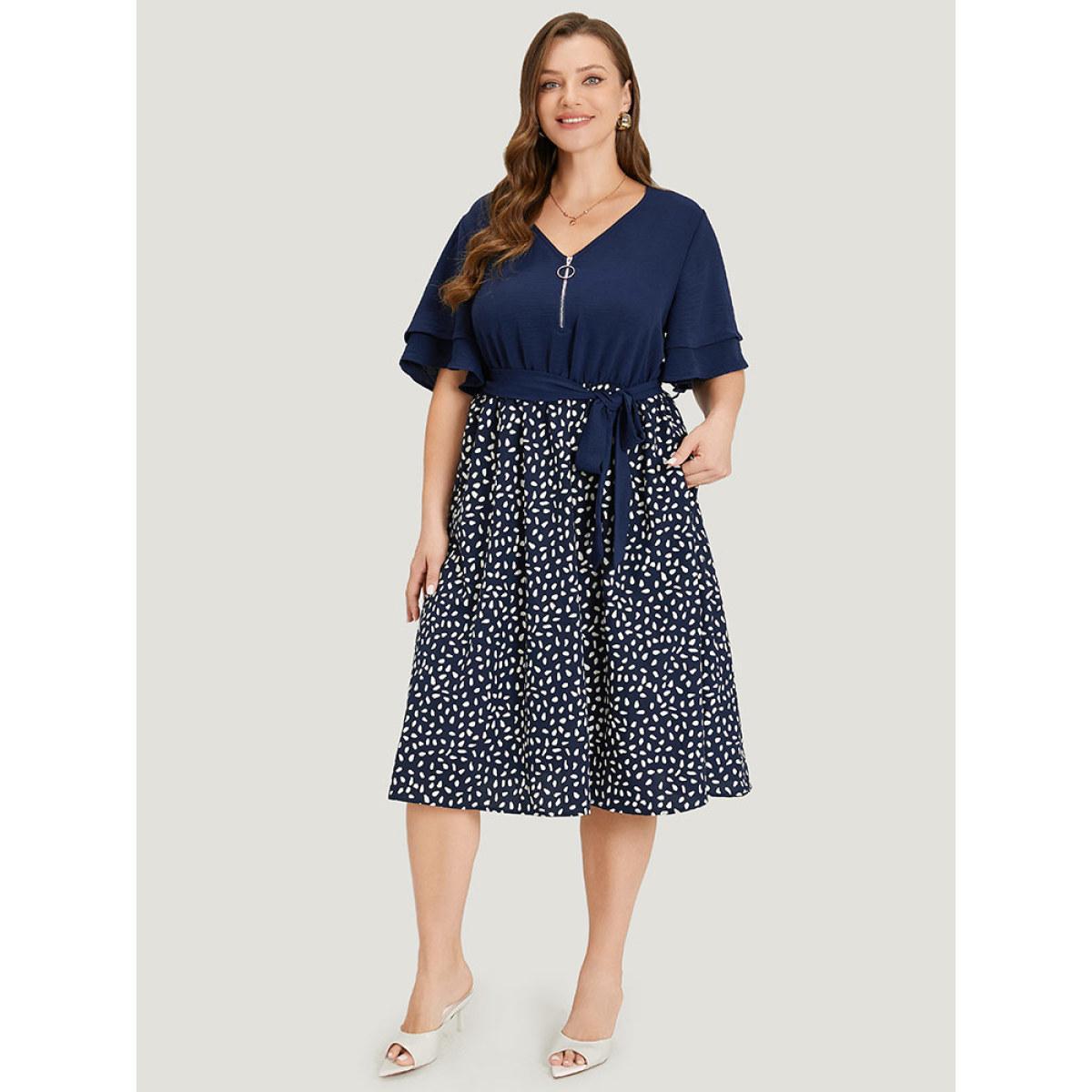 Plus Size Water Drop Print Patchwork Ruffle Zipper Belted Dress Navy Women Office Plain V-neck Short sleeve Curvy Midi Dress BloomChic 26/4X Product Image
