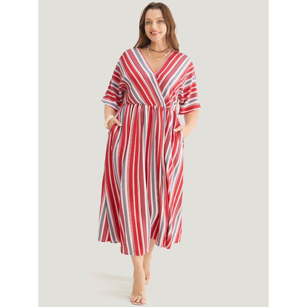Plus Size Striped Contrast Surplice Neck Dolman Sleeve Pocket Split Hem Dress Scarlet Women Vacation Elastic Waist V-neck Half Sleeve Curvy Midi Dress BloomChic 14-16/1X Product Image
