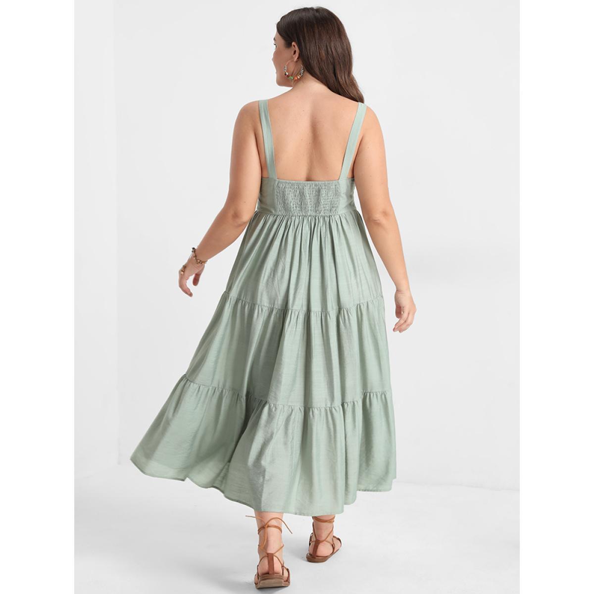 Plus Size Solid Ruffles Button Backless Shirred Tank Dress LightGreen Women Elegant Elastic Waist Spaghetti Strap Sleeveless Curvy Long Dress BloomChic 26/4X Product Image