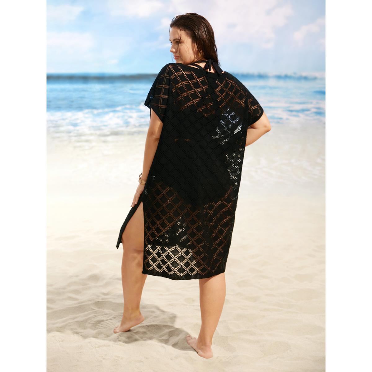 Plus Size Crochet Floral Split Side Dolman Sleeve Swim Cover Up Women's Swimwear Black Beach Loose Crochet Curve Swim Cover Ups BloomChic 30/6X Product Image
