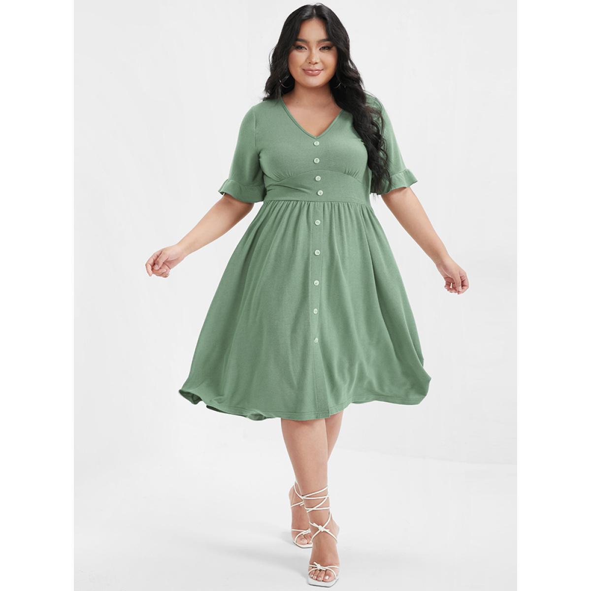 Plus Size Solid Shirred Ruffles Button V Neck Midi Dress LightGreen Women Elegant Gathered V-neck Short sleeve Curvy Midi Dress BloomChic 12/L Product Image