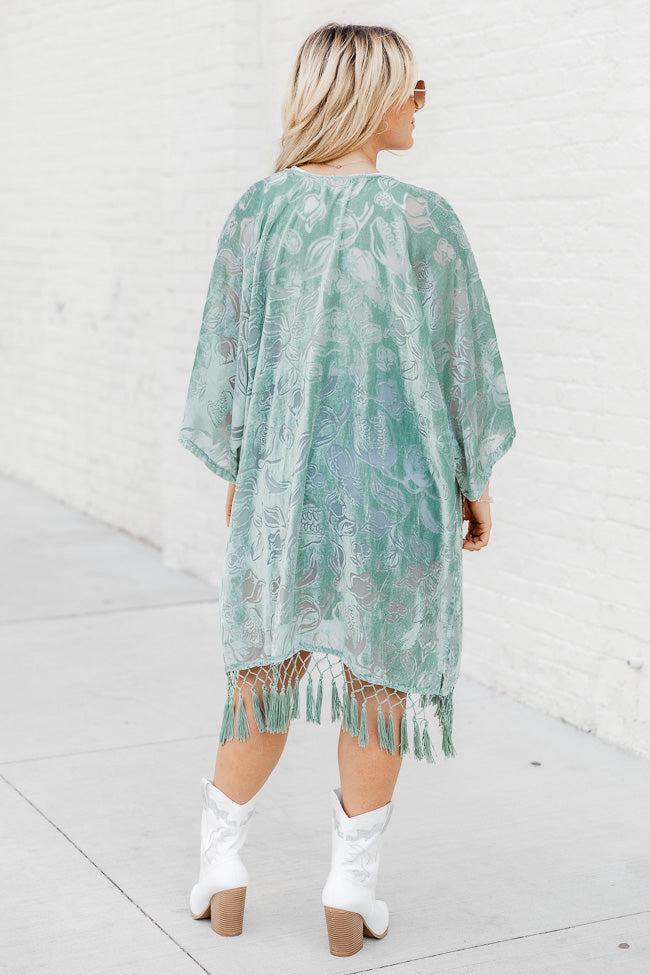 Unapologetically You Sage Velvet Floral Fringe Trim Kimono FINAL SALE Product Image
