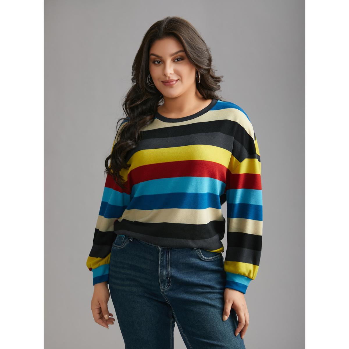 Plus Size Multi-Color Striped Stretchy Crew Neck T-shirt Multicolor Women Casual Contrast Round Neck Loose Everyday T-shirts BloomChic 26/4X Product Image