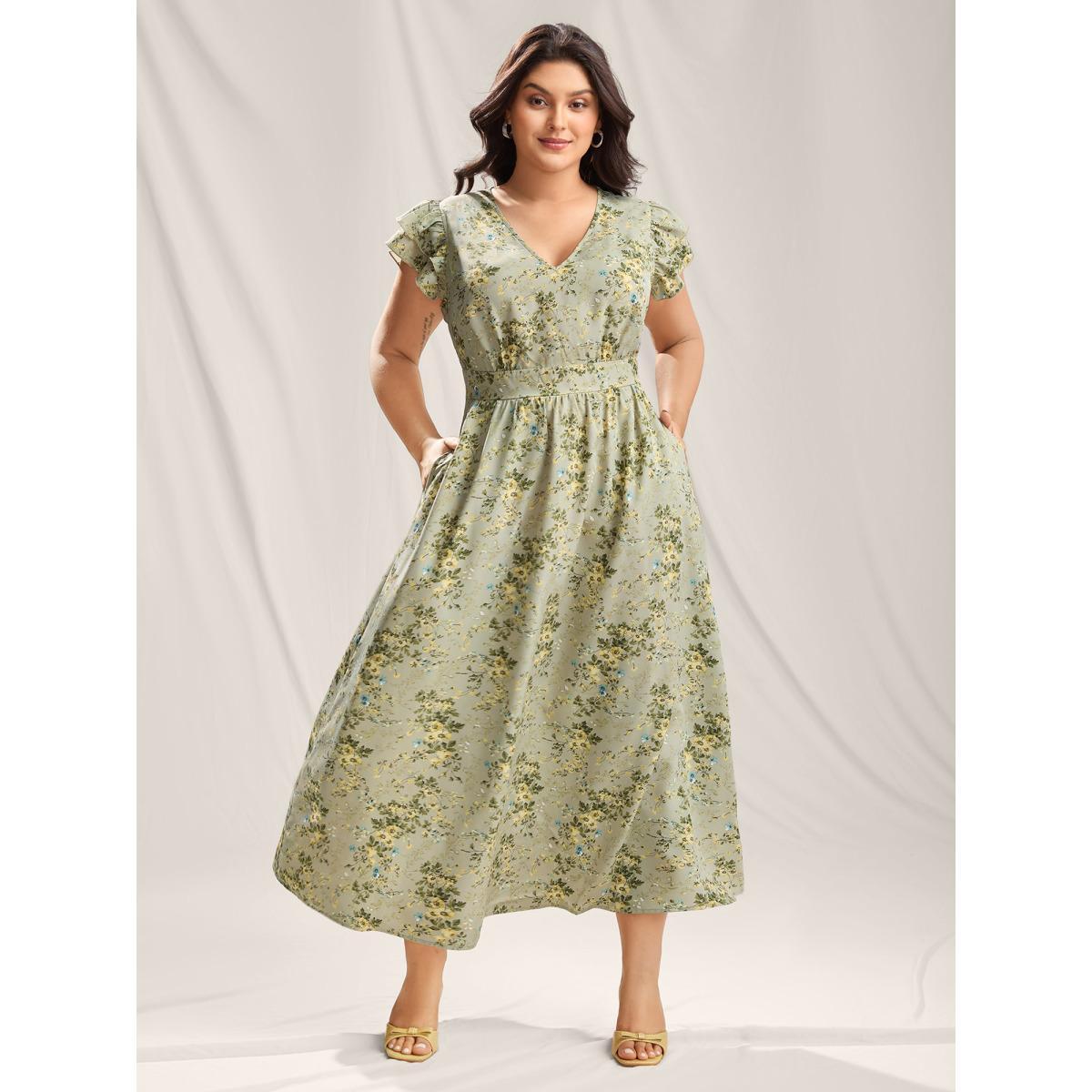 Plus Size Breezy Floral Print Flutter Sleeve Maxi Dress Sage Women V-neck Short sleeve Curvy BloomChic 14-16/1X Product Image