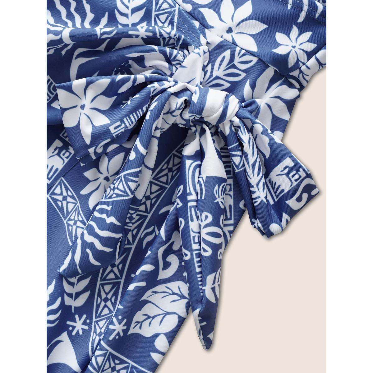 Plus Size Tropical Print Gathered Tie Knot Swim Dress Women's Swimwear Cerulean Beach Bodycon V-neck High stretch Curve Swim Dresses BloomChic 22-24/3X Product Image