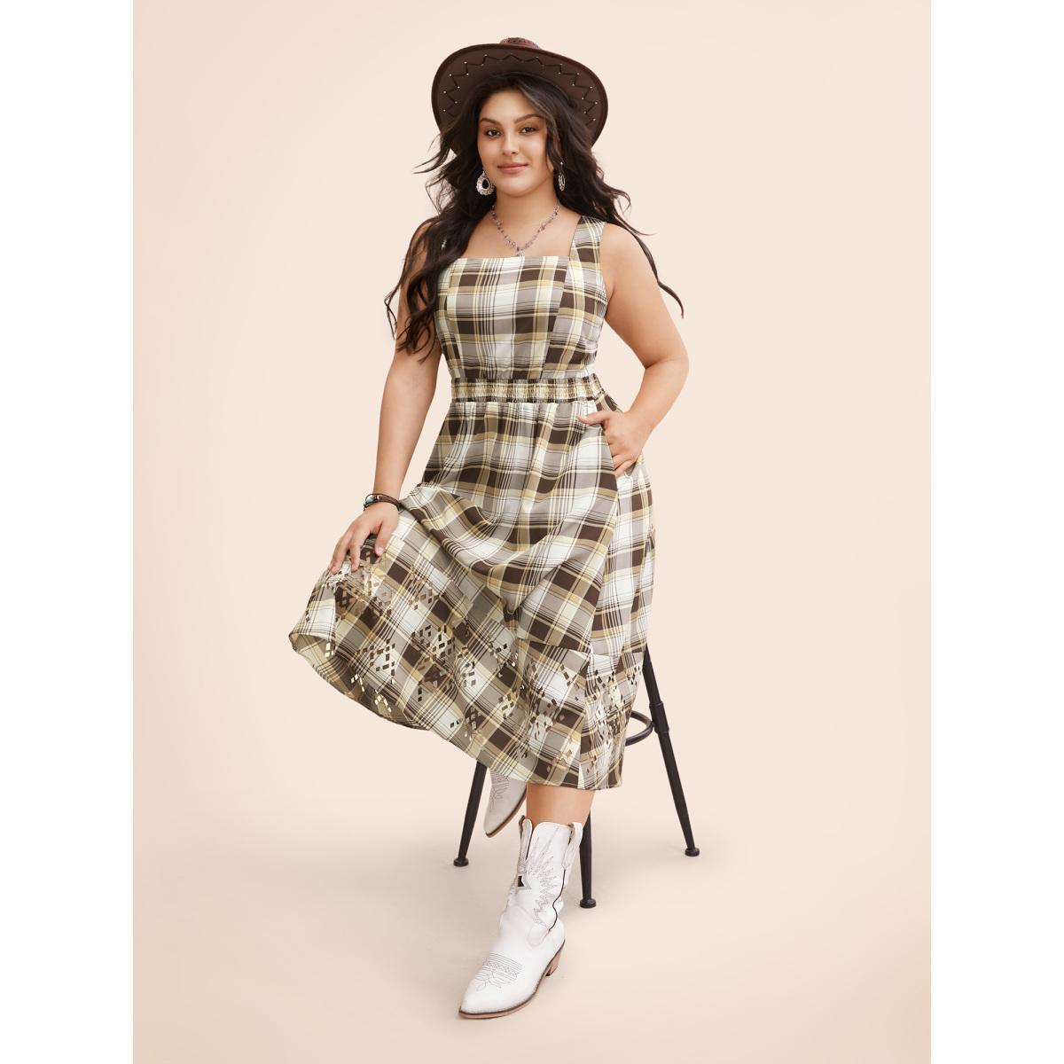 Plus Size Burntout Hem Waist Defining Midi Dress DarkBrown Women Resort Cut-Out Square Neck Sleeveless Curvy BloomChic 12/L Product Image