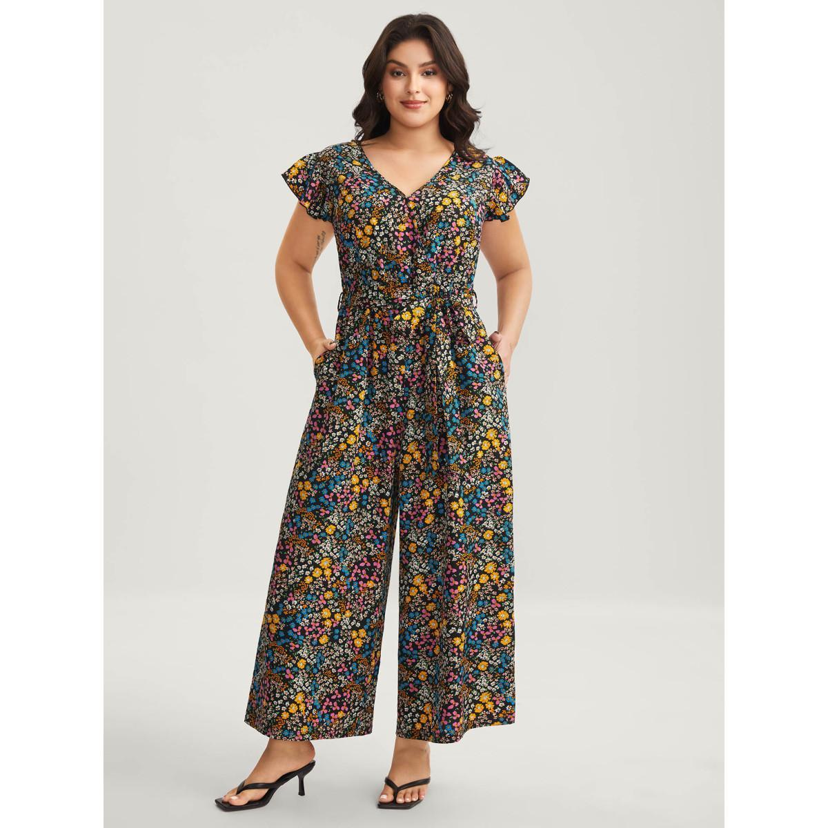 Plus Size Black Floral Print Belted Ruffled Sleeve Jumpsuit Women Cap Sleeve Overlap Collar Everyday-Elegant Loose Jumpsuits BloomChic 26/4X Product Image