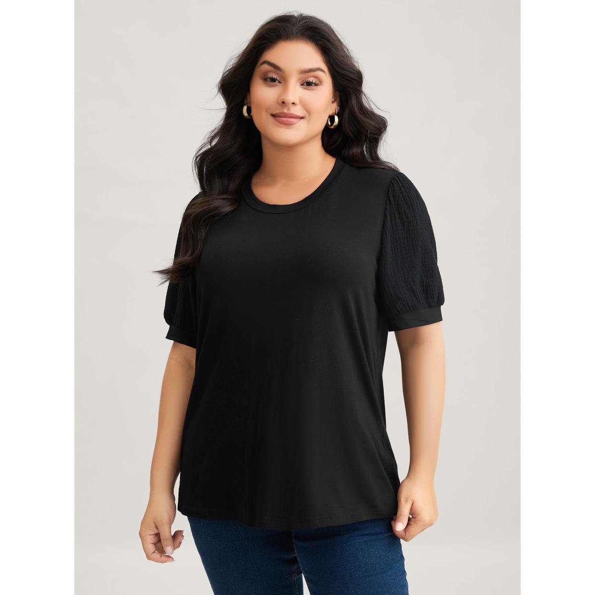 Plus Size Plain Textured Patchwork Lantern Sleeve T-Shirt Black Women Casual Texture Round Neck Everyday T-shirts BloomChic 30/6X Product Image