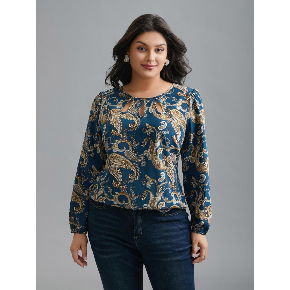 Plus Size Aegean Round Neck Paisley Cut Out Blouse Women Elegant Extra Long Sleeve Round Neck Everyday Blouses BloomChic 28/5X Product Image