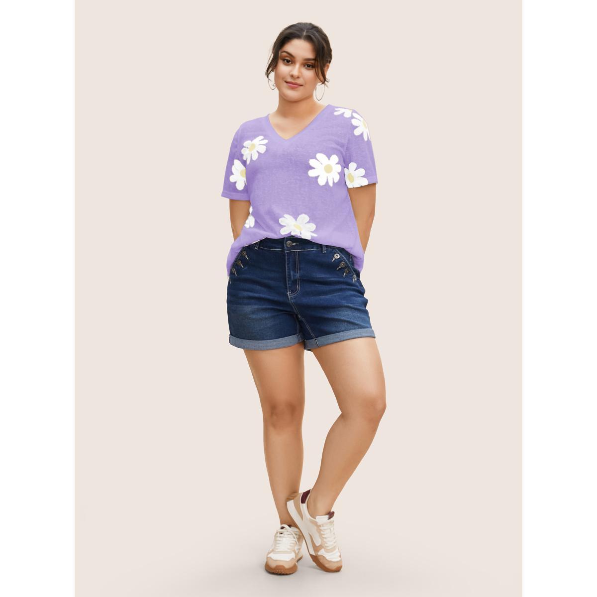 Plus Size Colored Floral V Neck See Through T-shirt Lilac Women Casual See through Art&design V-neck Everyday T-shirts BloomChic 14-16/1X Product Image