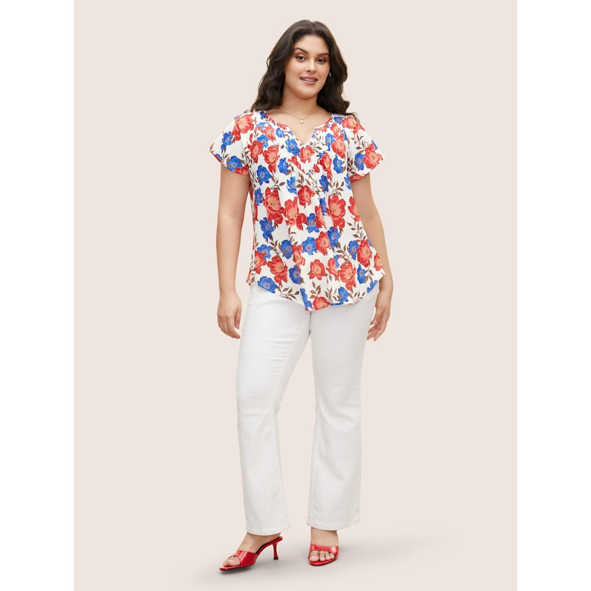 Plus Size Multicolor Floral Notched Collar Pleated Raglan Sleeve Blouse Women Elegant Short sleeve Notched collar Everyday Blouses BloomChic 14-16/1X Product Image