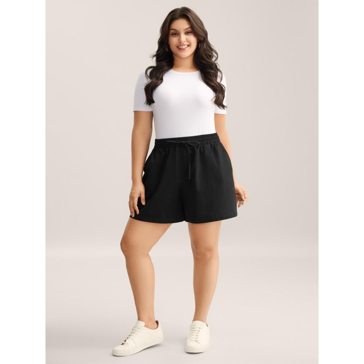 Plus Size Waist-Drawstring Wide-Leg Shorts Women Black Casual Drawstring Wide Leg Everyday-Casual Shorts BloomChic 22-24/3X Product Image