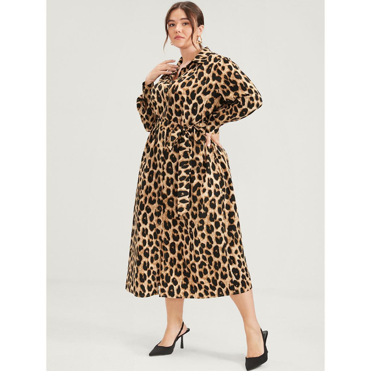 Plus Size Leopard Pocket Button Belted Shirt Collar Midi Dress Leopard Women Office Belted Shirt collar Long Sleeve Curvy Midi Dress BloomChic 28/5X Product Image