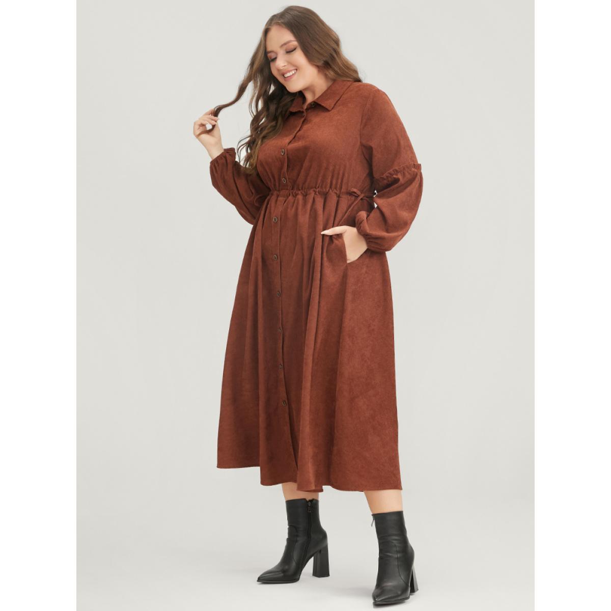 Plus Size Solid Drawstring Pocket Button Detail Shirt Collar Corduroy Dress Brown Women Office Drawstring Shirt collar Long Sleeve Curvy Midi Dress BloomChic 26/4X Product Image