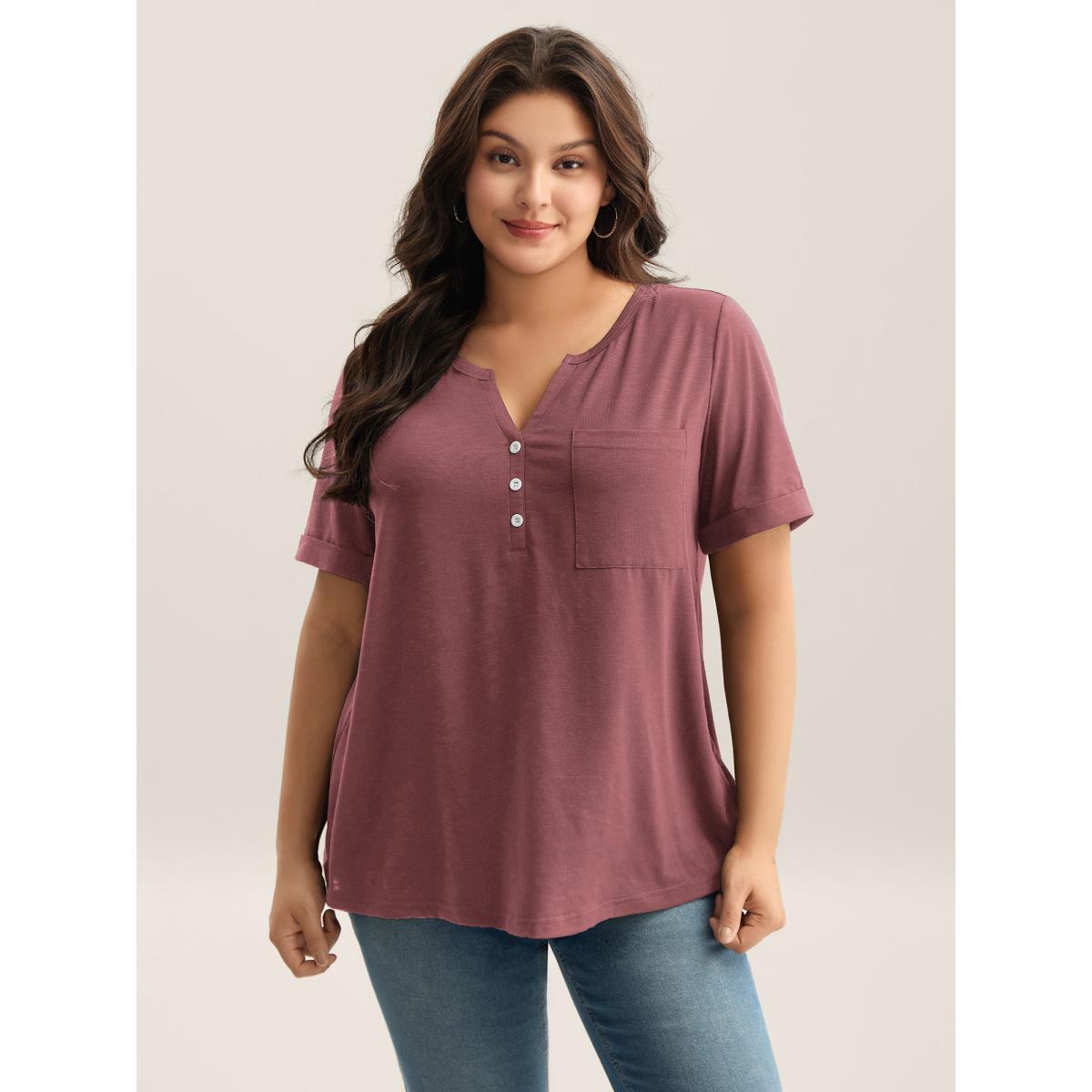 Plus Size Solid Split Neck Button Detail T-Shirt Plum Women Button Notched collar Everyday-Casual T-shirts BloomChic 12/L Product Image