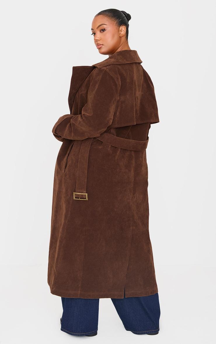 Plus Chocolate Faux Suede Belted Trench Coat Product Image