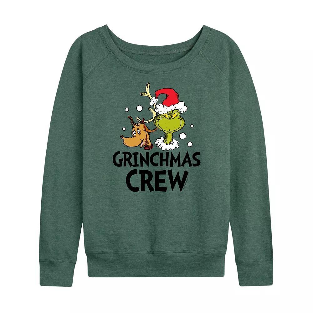 Womens Dr. Seuss The Grinch Grinchmas Crew French Terry Long Sleeve Tee, Girls Grey Green Product Image