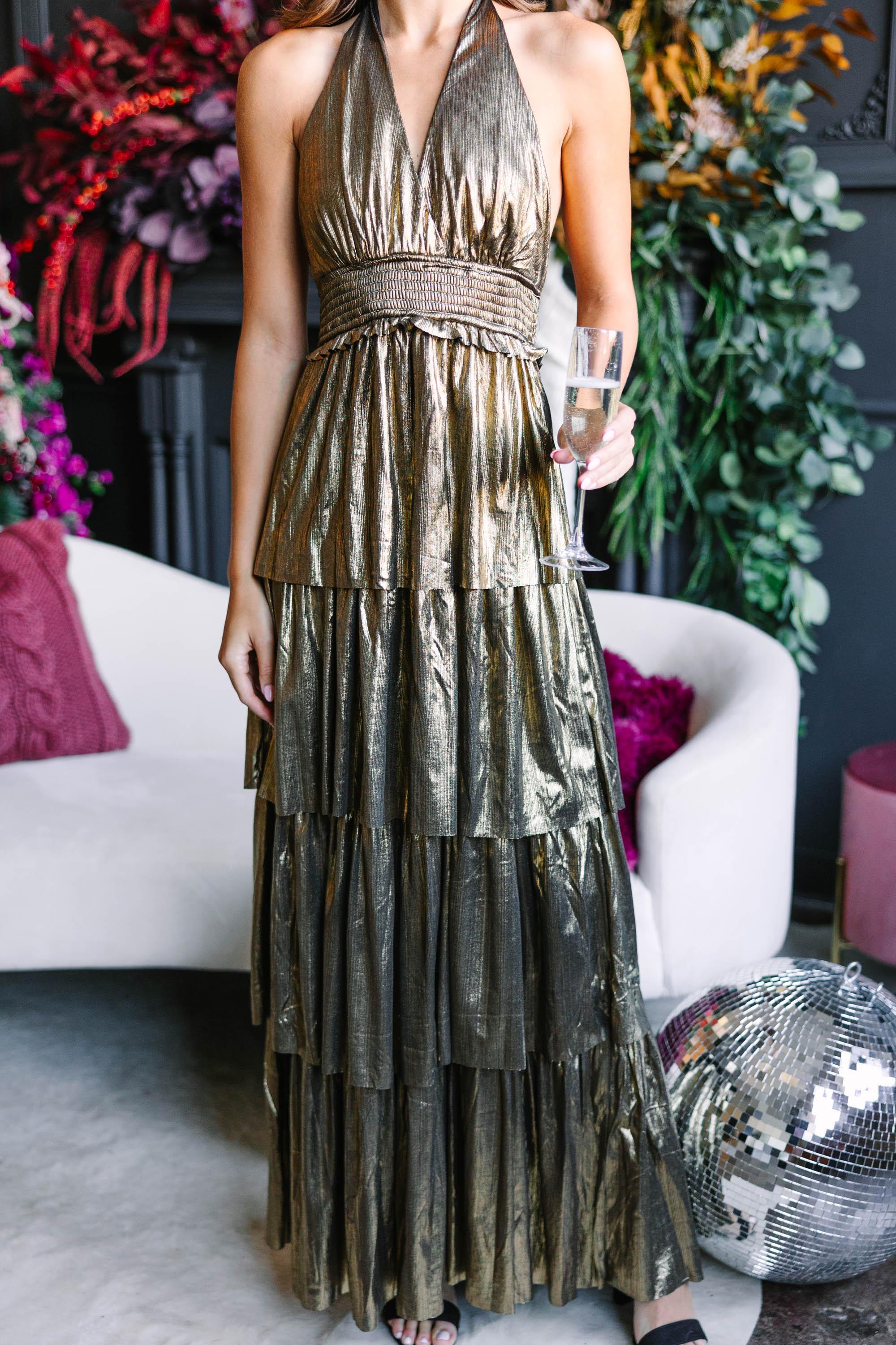 You're A Winner Gold Metallic Maxi Dress Female Product Image