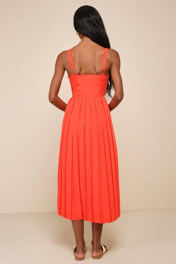 Amazingly Chic Red Orange Pleated Sleeveless Midi Dress Product Image